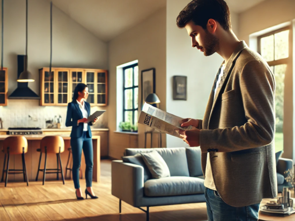 A prospective homebuyer attentively explores a modern open house, taking notes and holding a brochure, with a real estate agent nearby.
