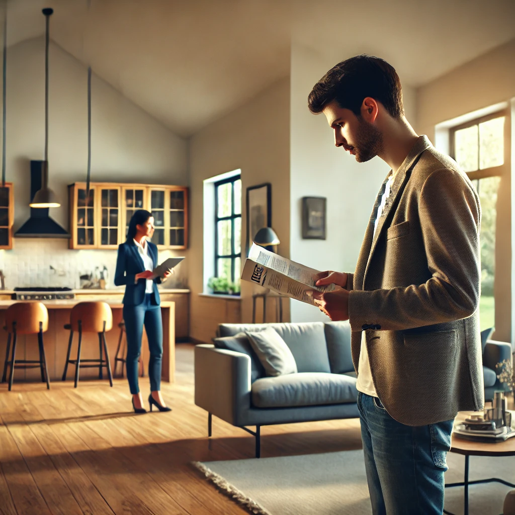 A prospective homebuyer attentively explores a modern open house, taking notes and holding a brochure, with a real estate agent nearby.